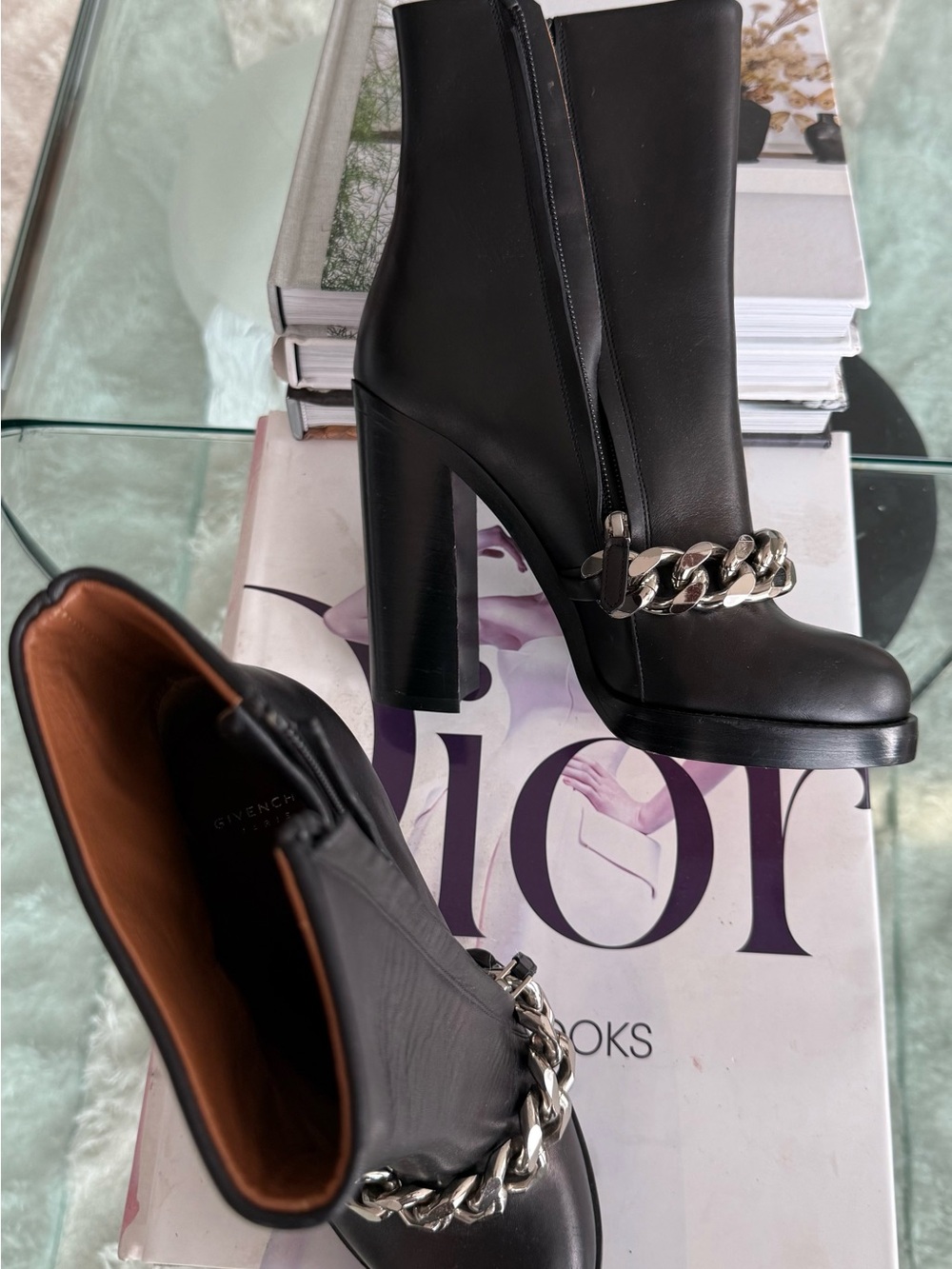 Givenchy Black Leather Ankle Boots with Chunky Silver Chain